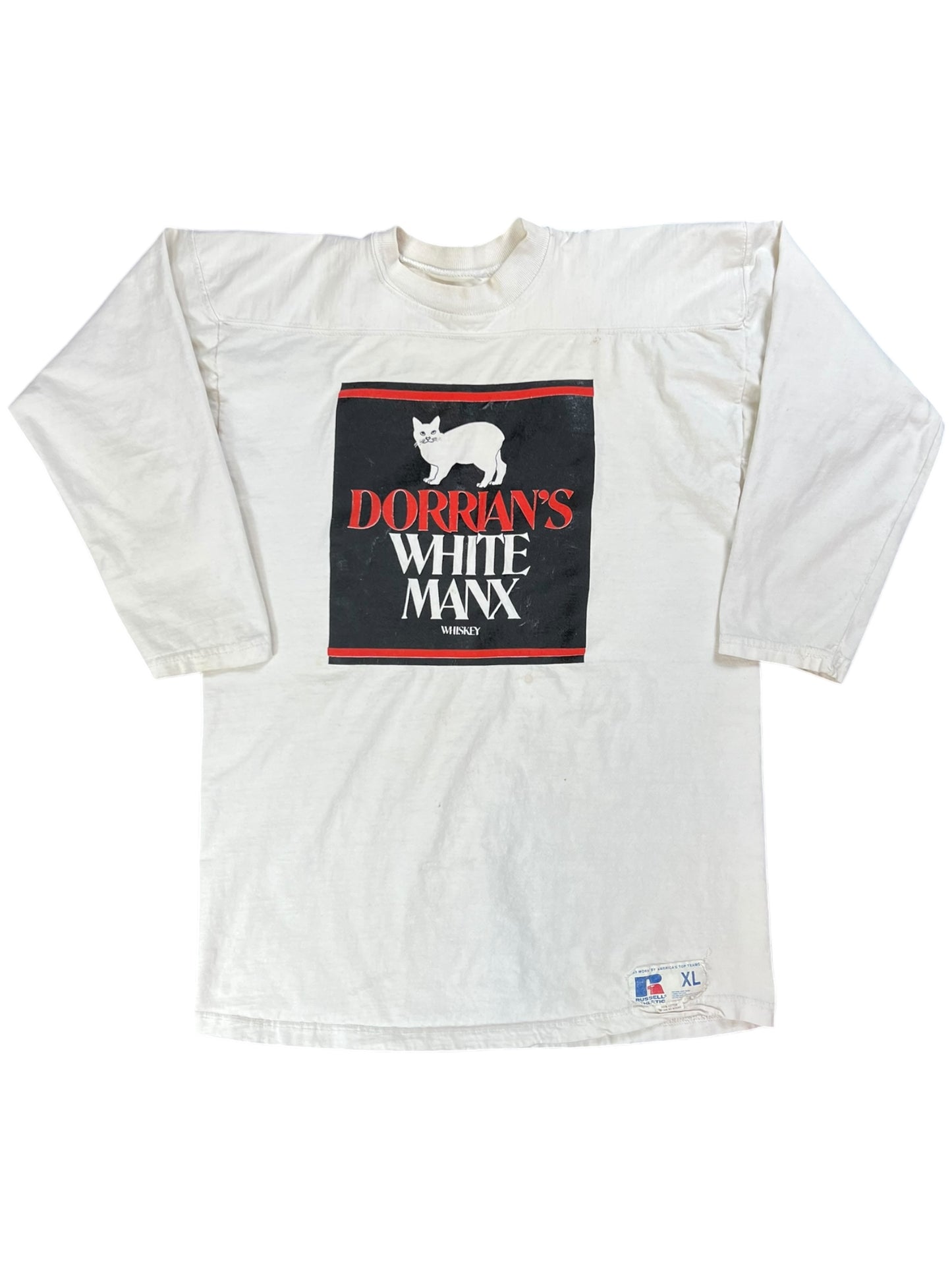 Vintage 80s Dorian’s White Manx whiskey raglan tee (L)