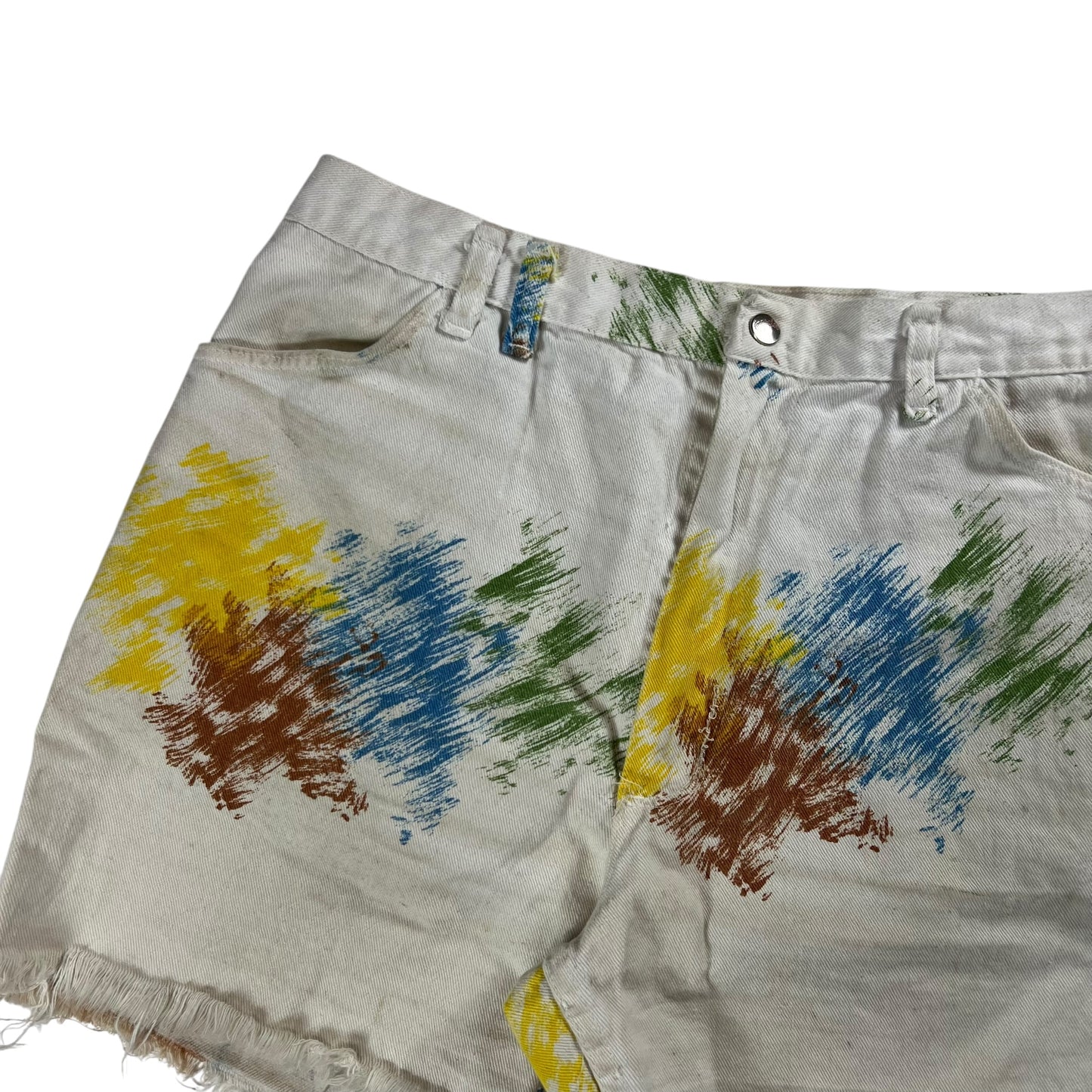 Vintage 1970s Wrangler paint splatter design cutoff denim shorts (32)