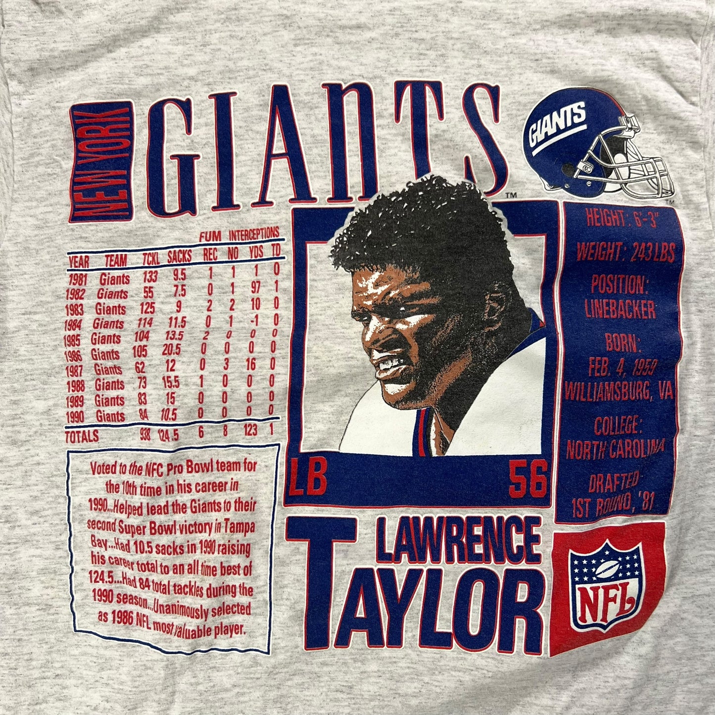 Vintage 90s Nutmeg Lawrence Taylor New York Giants stats tee (M)