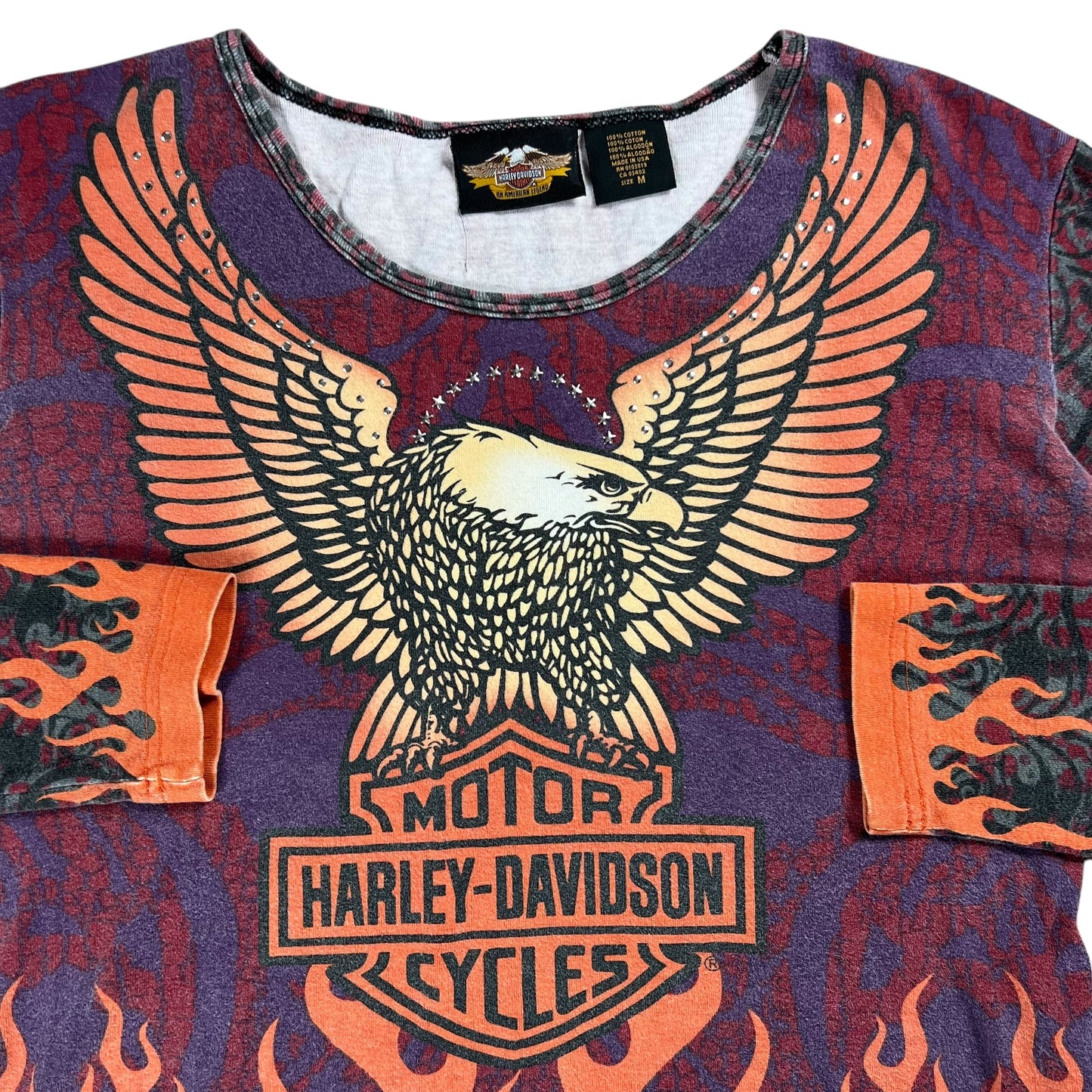 Vintage Y2K Harley Davidson Motorcycles femme flames all over print women’s long sleeve (M)