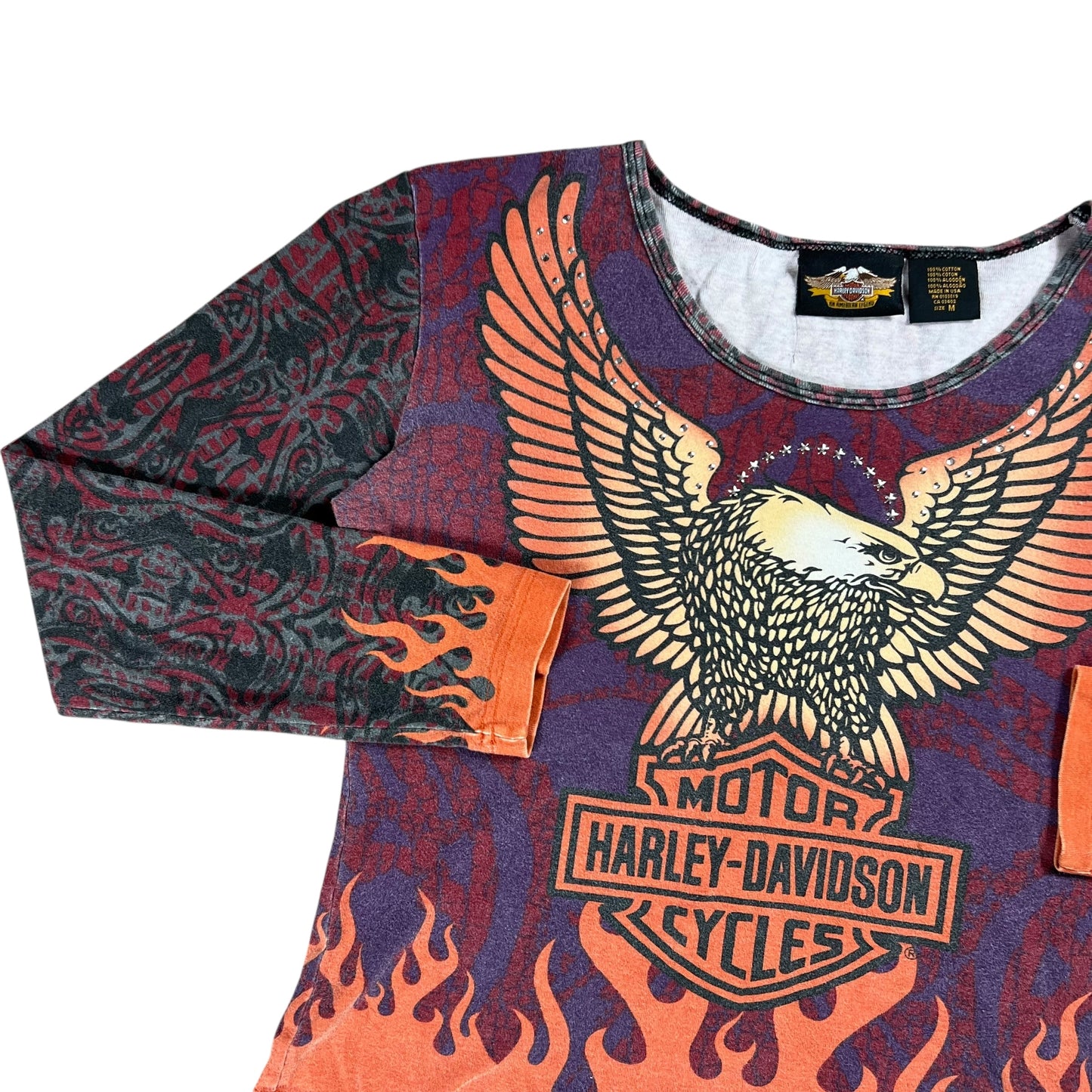 Vintage Y2K Harley Davidson Motorcycles femme flames all over print women’s long sleeve (M)