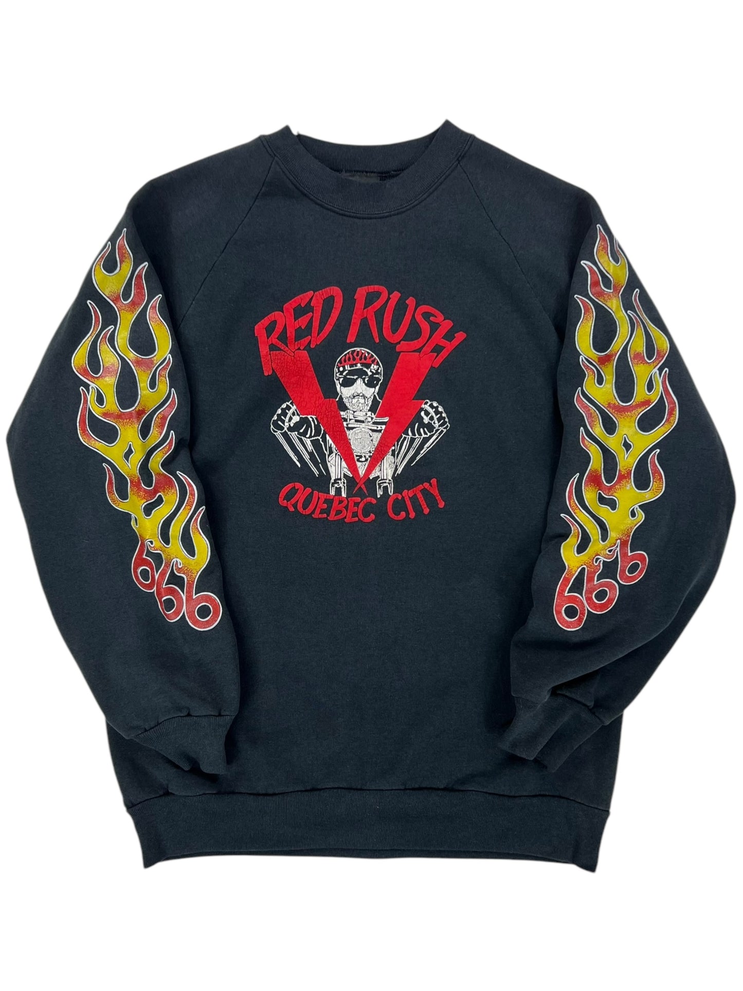 Vintage 90s Red Rush Quebec City 666 outlaw biker club flame sleeve print crewneck (L)