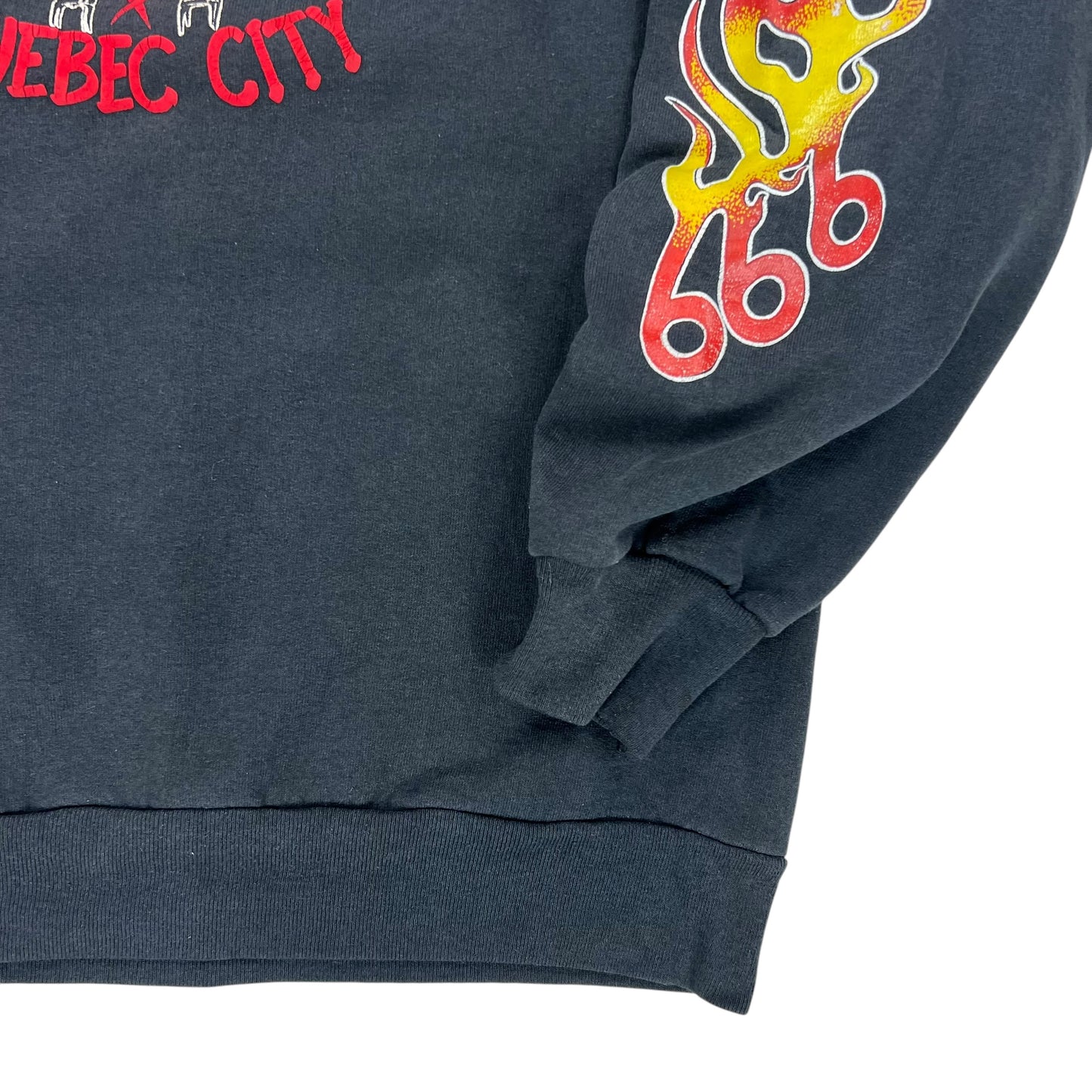 Vintage 90s Red Rush Quebec City 666 outlaw biker club flame sleeve print crewneck (L)