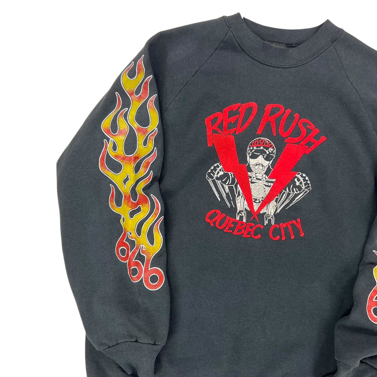 Vintage 90s Red Rush Quebec City 666 outlaw biker club flame sleeve print crewneck (L)