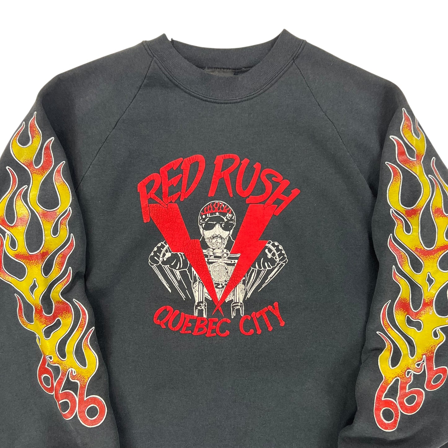 Vintage 90s Red Rush Quebec City 666 outlaw biker club flame sleeve print crewneck (L)