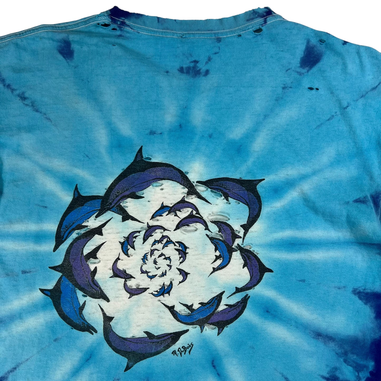 Vintage 90s Dolphin Mermaid tie dye distressed M. Dubois art tee (L)