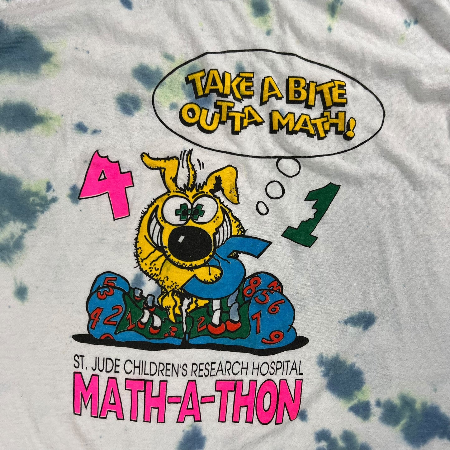 Vintage 80s Math-A-Thon Take A Bite Out Of Math tie dye tee (L)