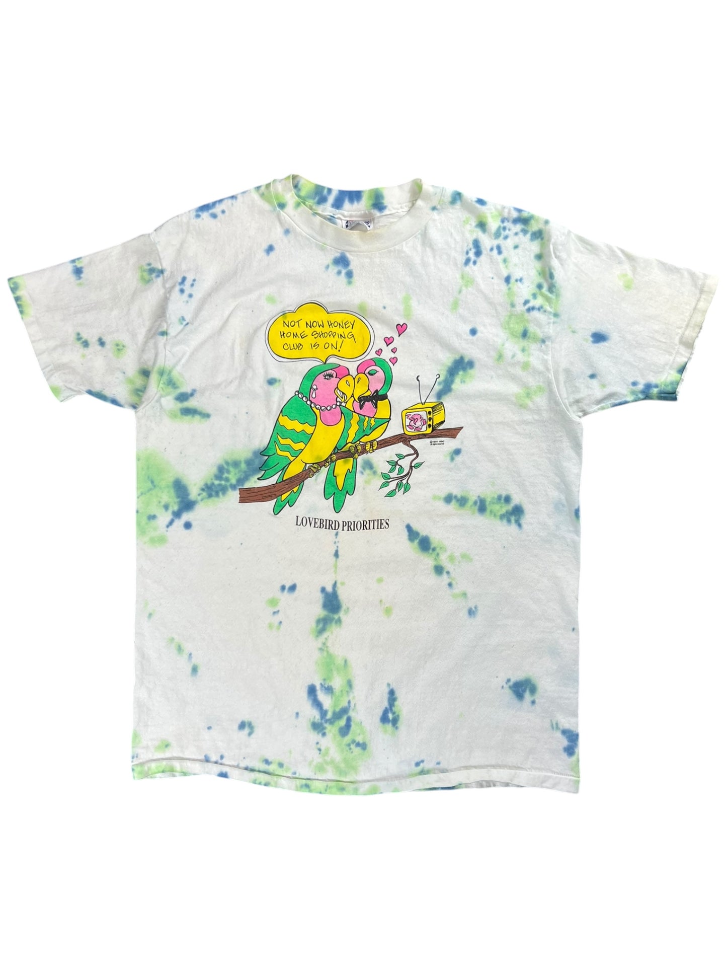 Vintage 1991 Lovebird Priorities shopping tie dye tee (L)