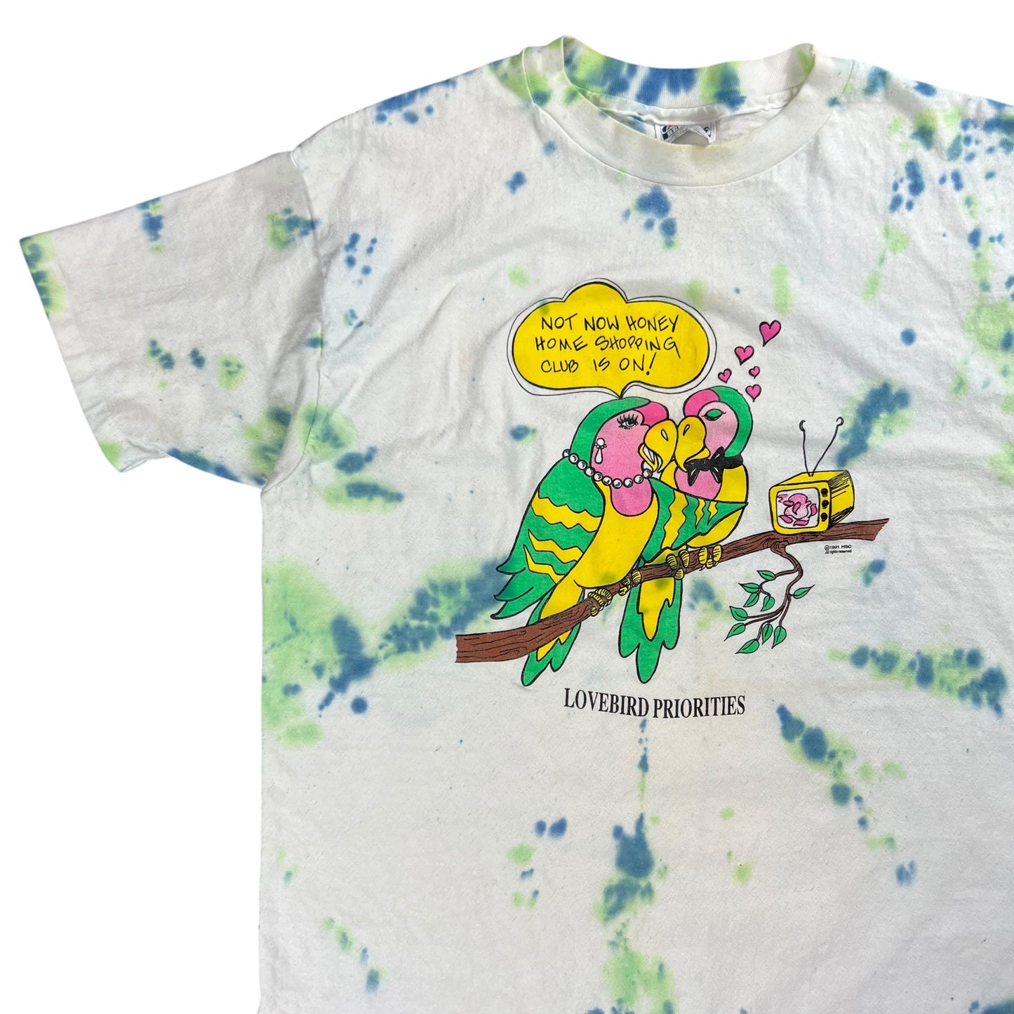 Vintage 1991 Lovebird Priorities shopping tie dye tee (L)