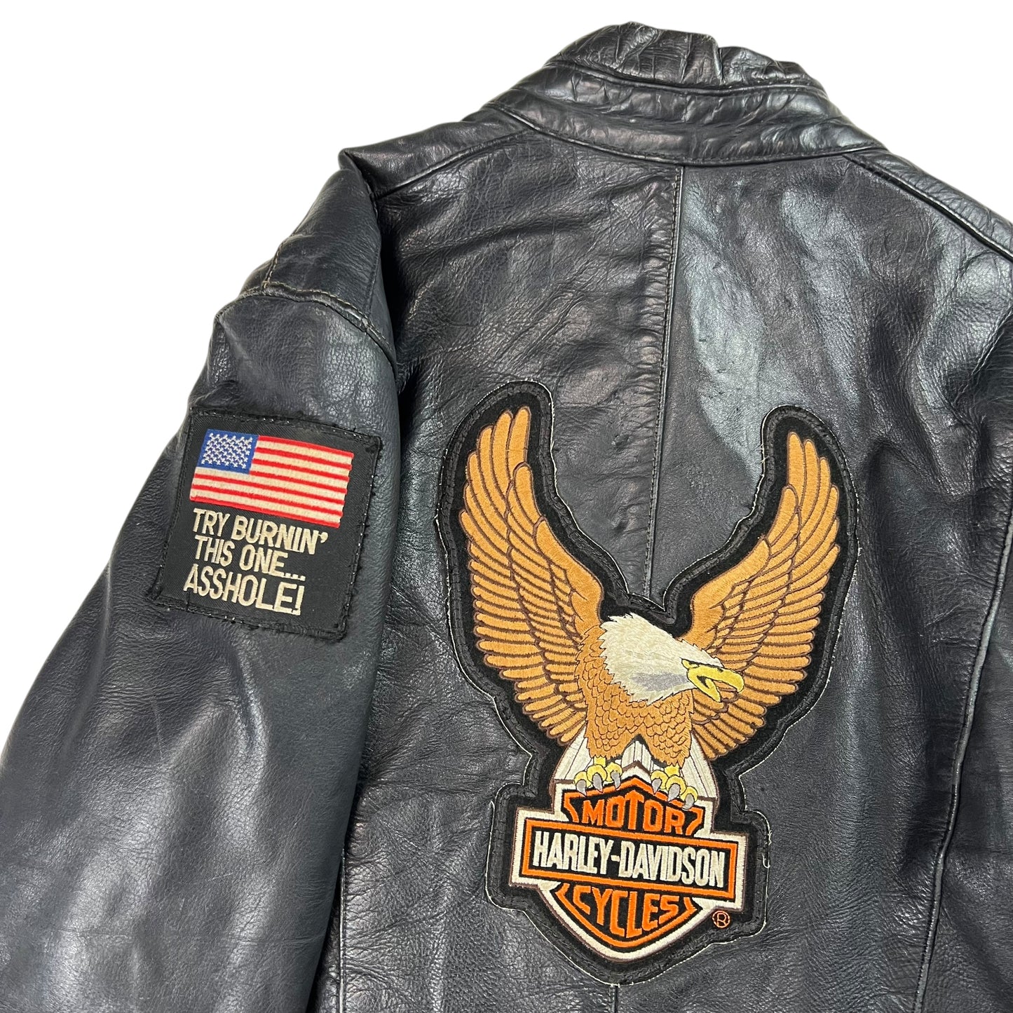 Vintage 90s Harley Davidson “TRY BURNIN’ THIS ONE… ASSHOLE!” leather biker jacket (L)