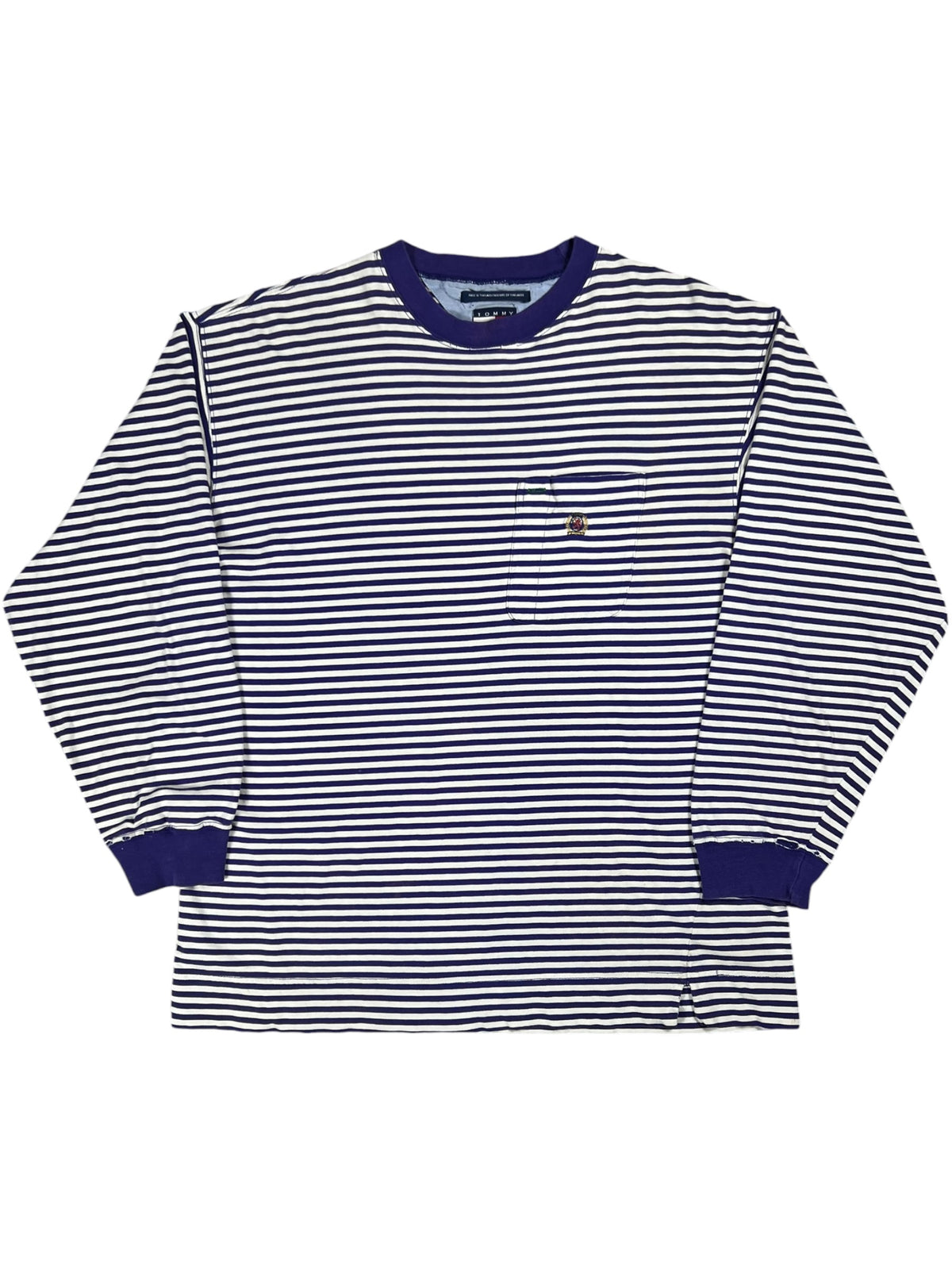 Vintage 90s Tommy Hilfiger faded purple striped stripey long sleeve pocket tee (L)