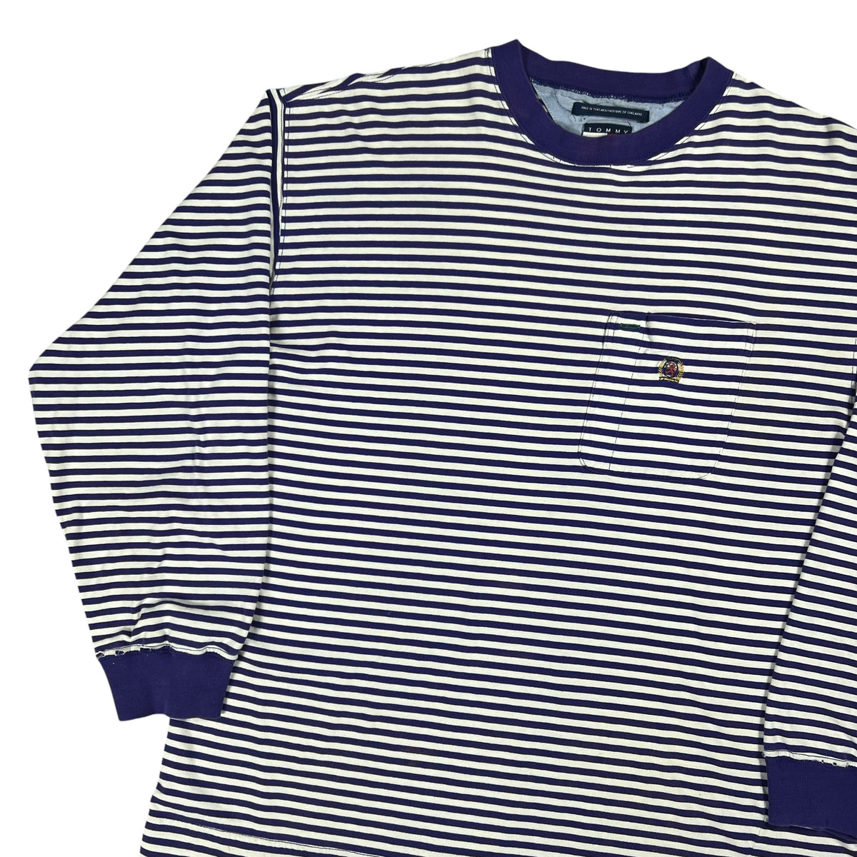 Vintage 90s Tommy Hilfiger faded purple striped stripey long sleeve pocket tee (L)