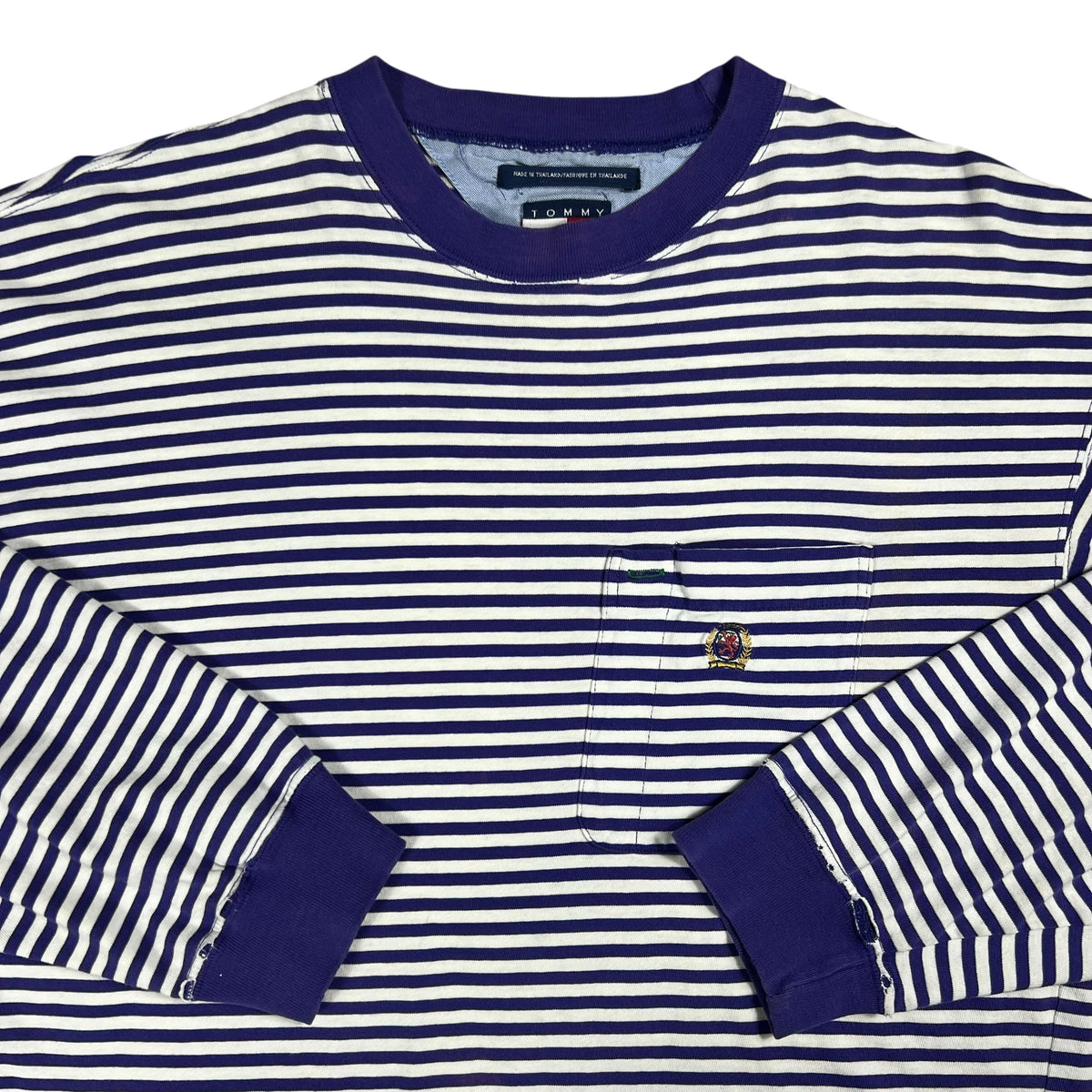 Vintage 90s Tommy Hilfiger faded purple striped stripey long sleeve pocket tee (L)