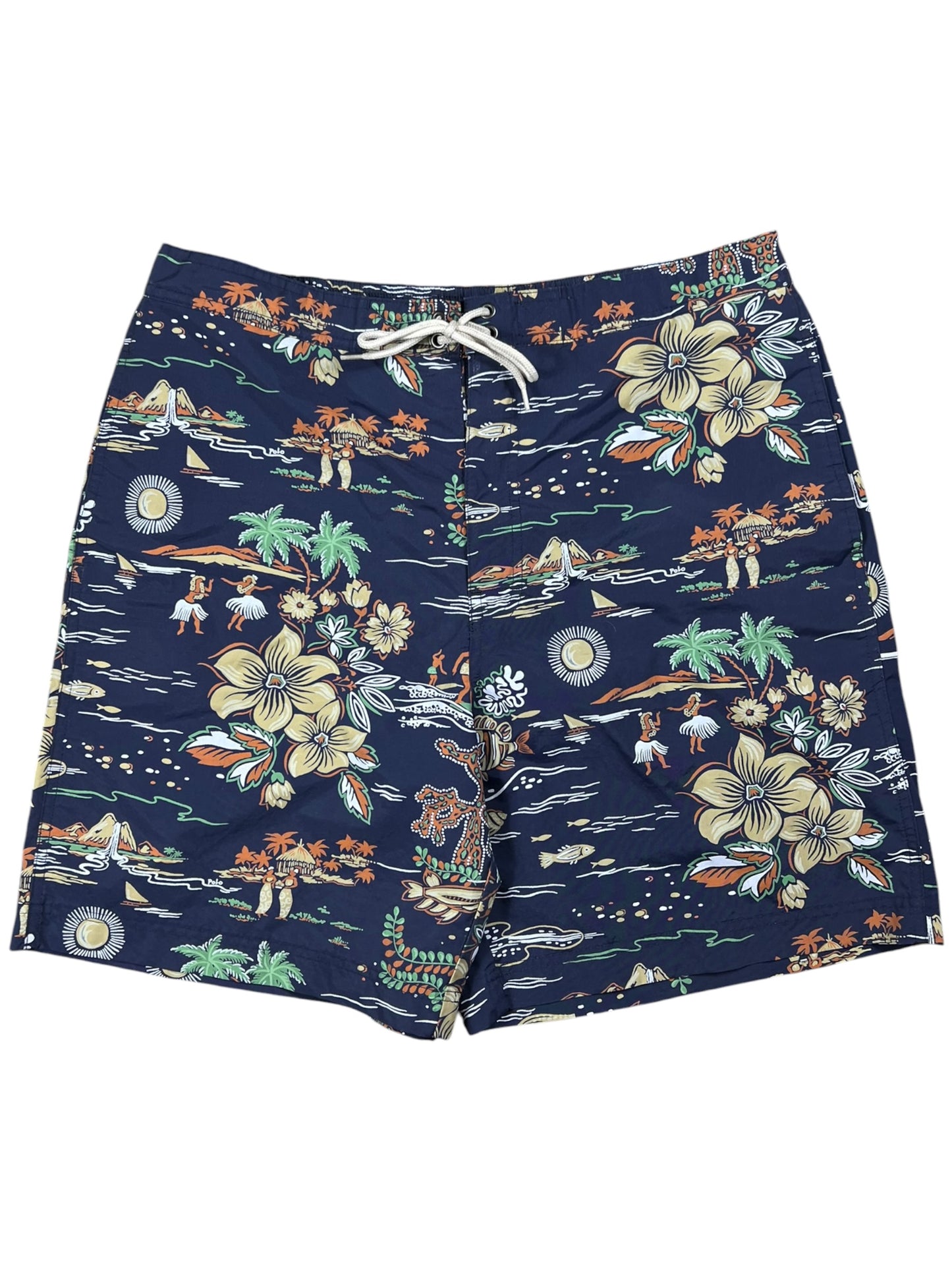 Vintage 90s Polo Sport Ralph Lauren all over print Hawaiian swim board shorts (L)