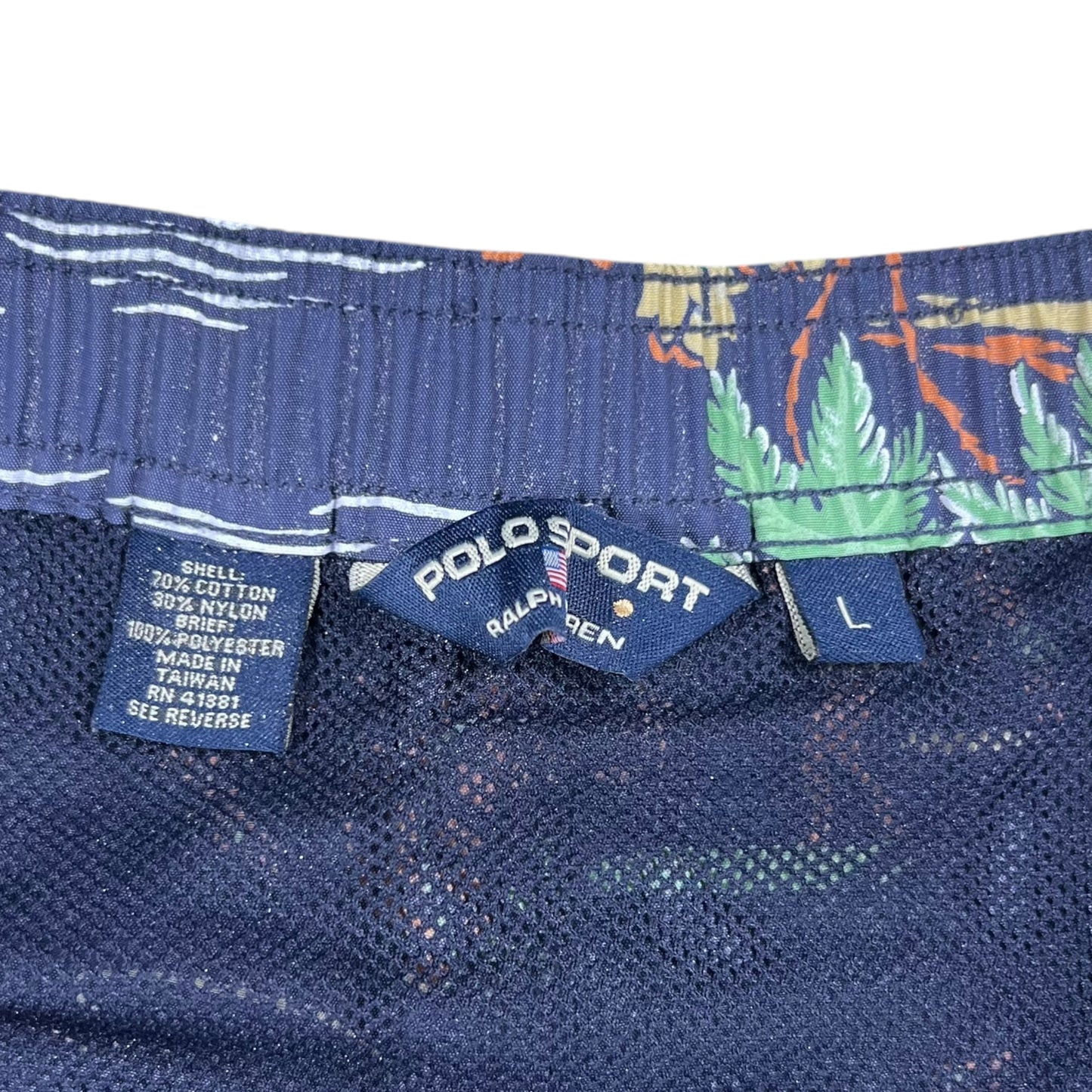 Vintage 90s Polo Sport Ralph Lauren all over print Hawaiian swim board shorts (L)