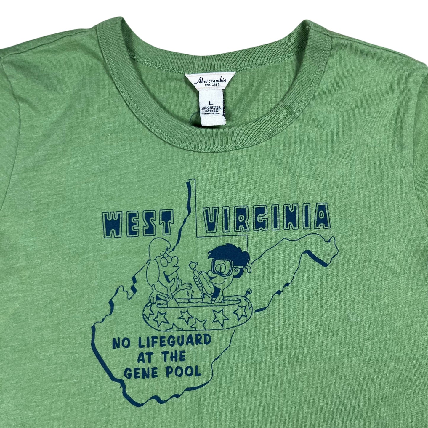 Vintage Y2K BANNED Abercrombie & Fitch West Virginia No Life Guard at the Gene Pool women’s tee (L)