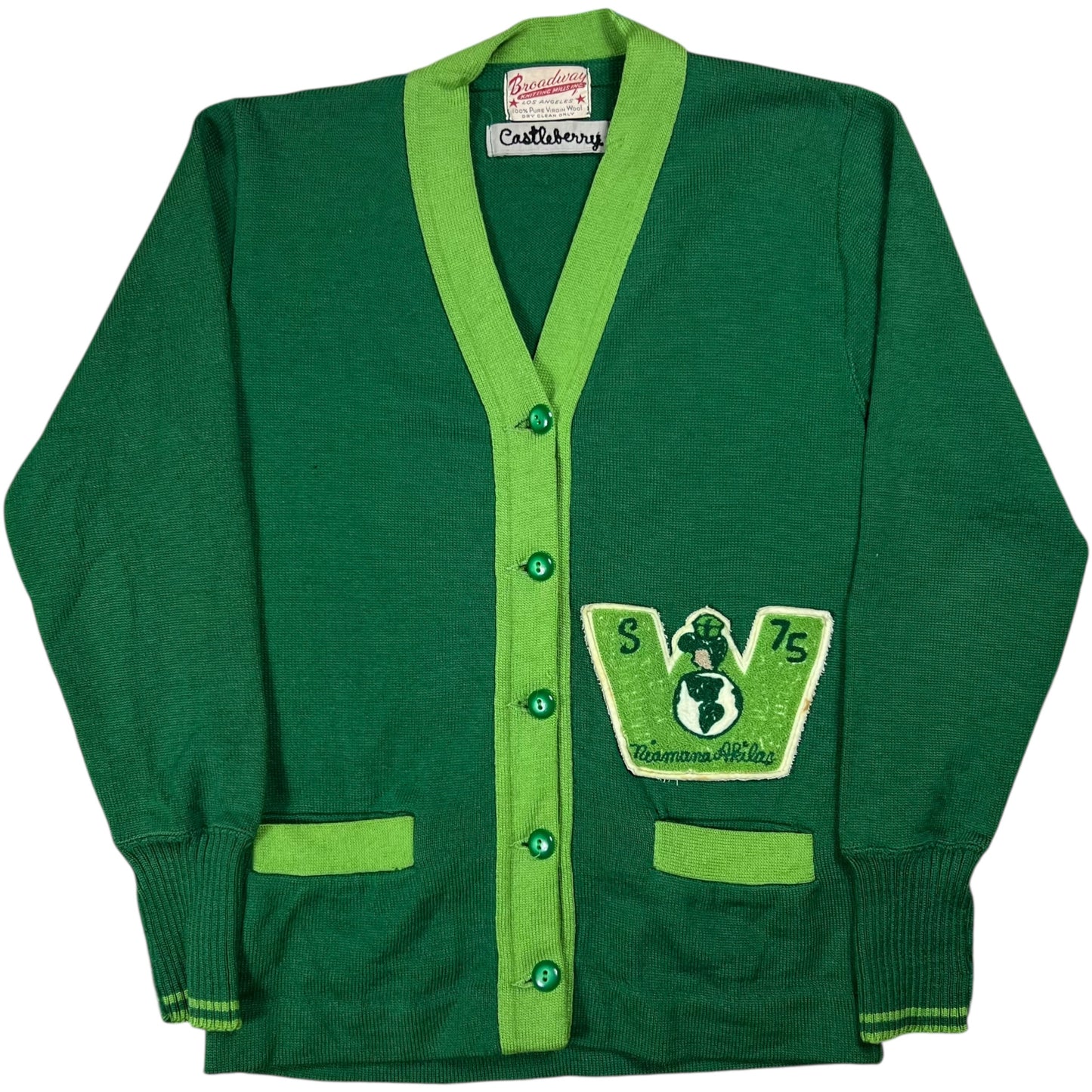 Vintage 1970s George Washington High School Niamana Akidas chain stitch varsity cardigan sweater (S)