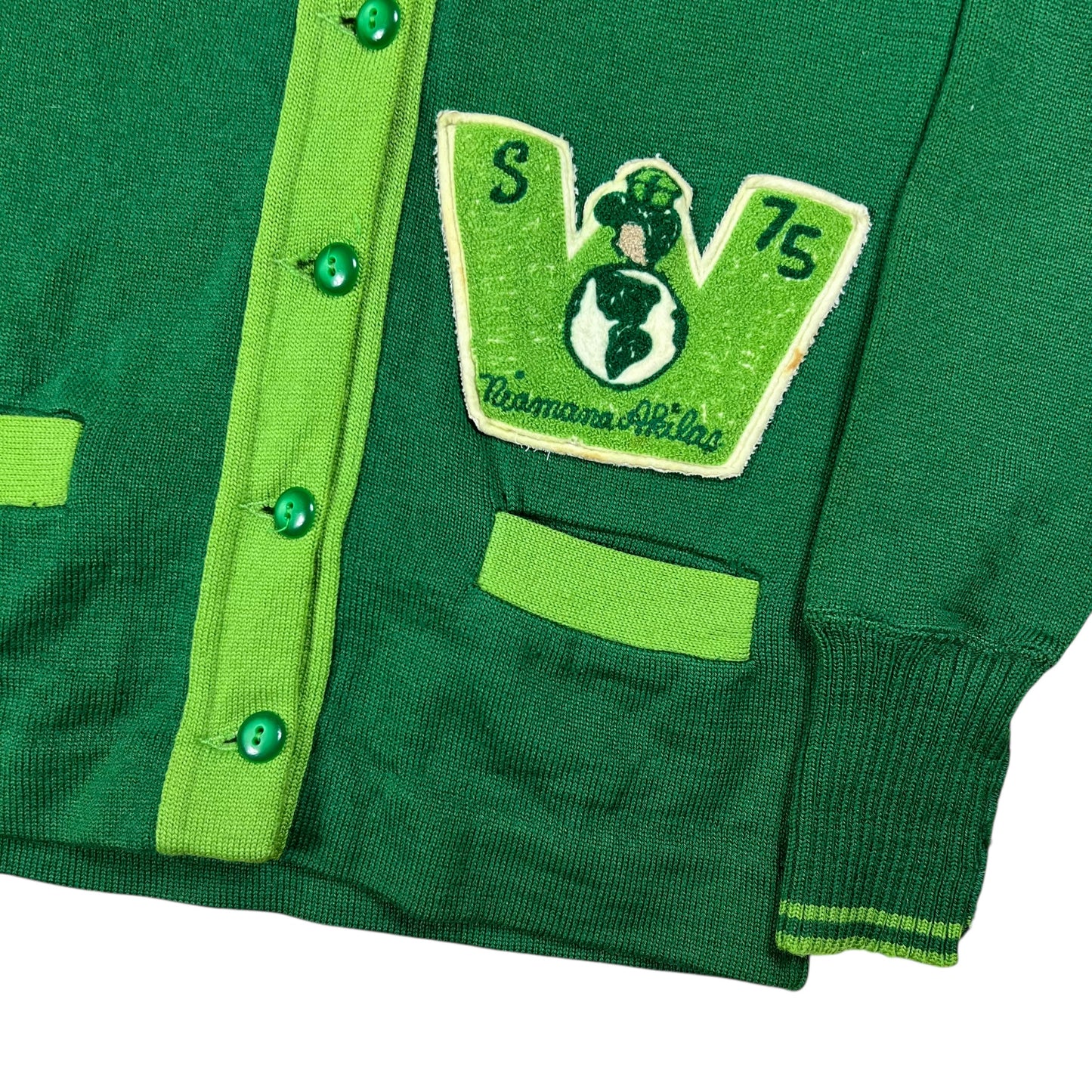 Vintage 1970s George Washington High School Niamana Akidas chain stitch varsity cardigan sweater (S)