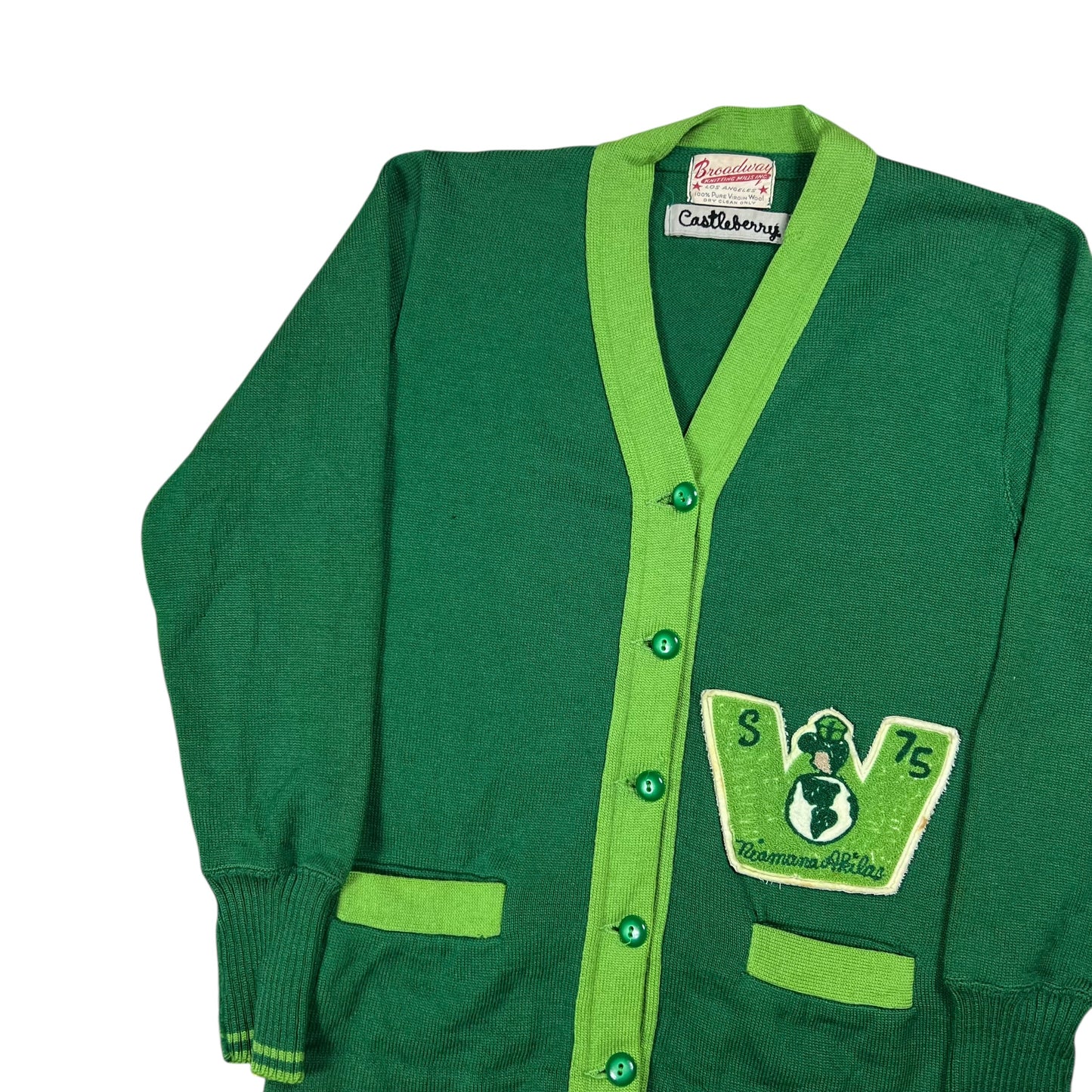 Vintage 1970s George Washington High School Niamana Akidas chain stitch varsity cardigan sweater (S)