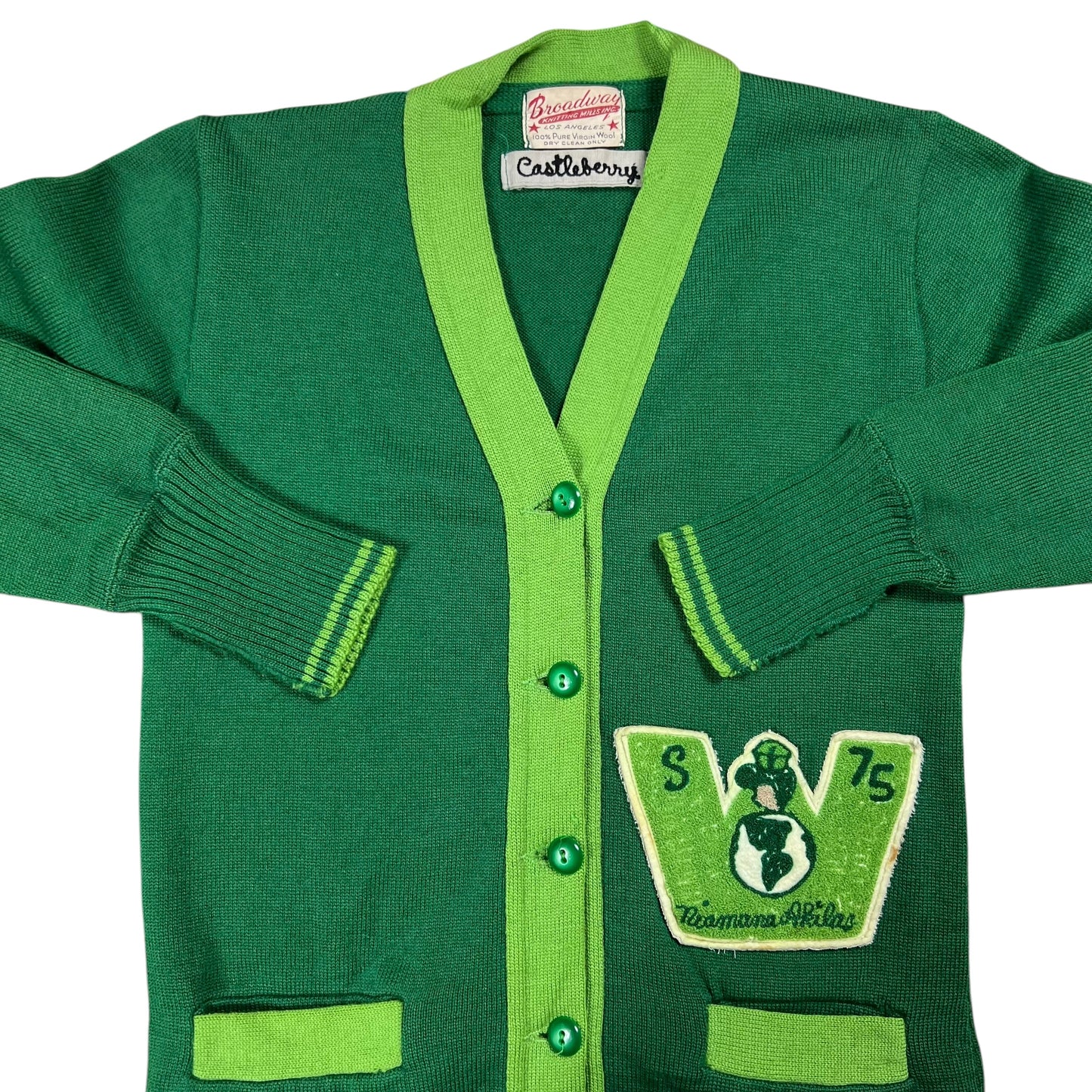 Vintage 1970s George Washington High School Niamana Akidas chain stitch varsity cardigan sweater (S)