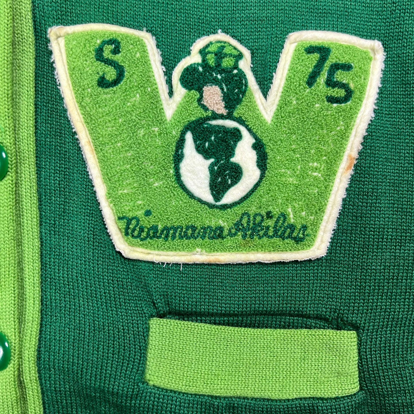 Vintage 1970s George Washington High School Niamana Akidas chain stitch varsity cardigan sweater (S)