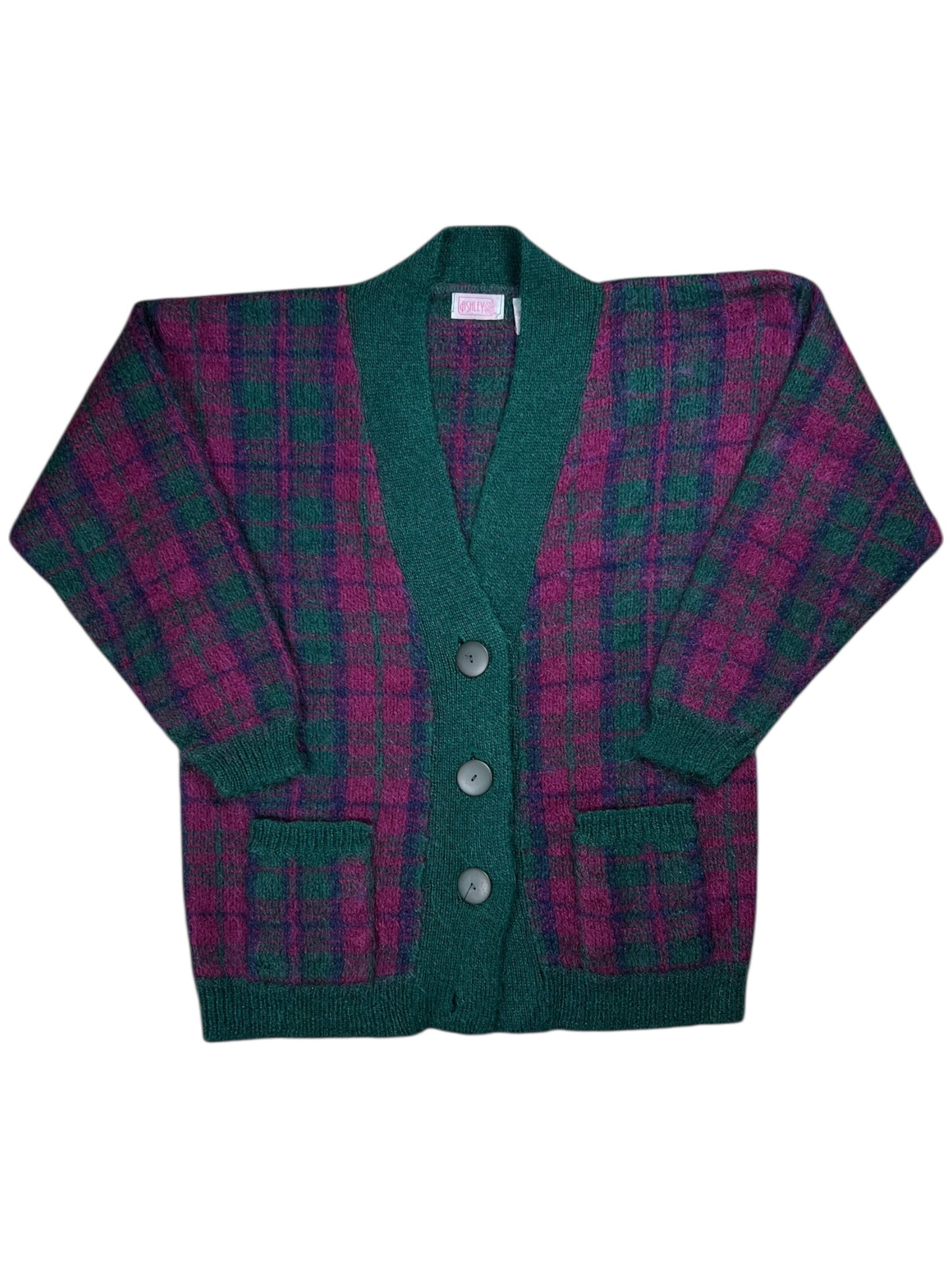 Vintage 90s Mohair plaid women’s cardigan sweater (L)