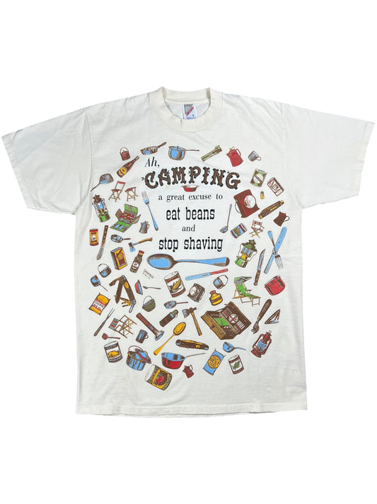 Vintage 90s Ah, Camping A Great excuse to eat beans and stop shaving all over print tee (L)