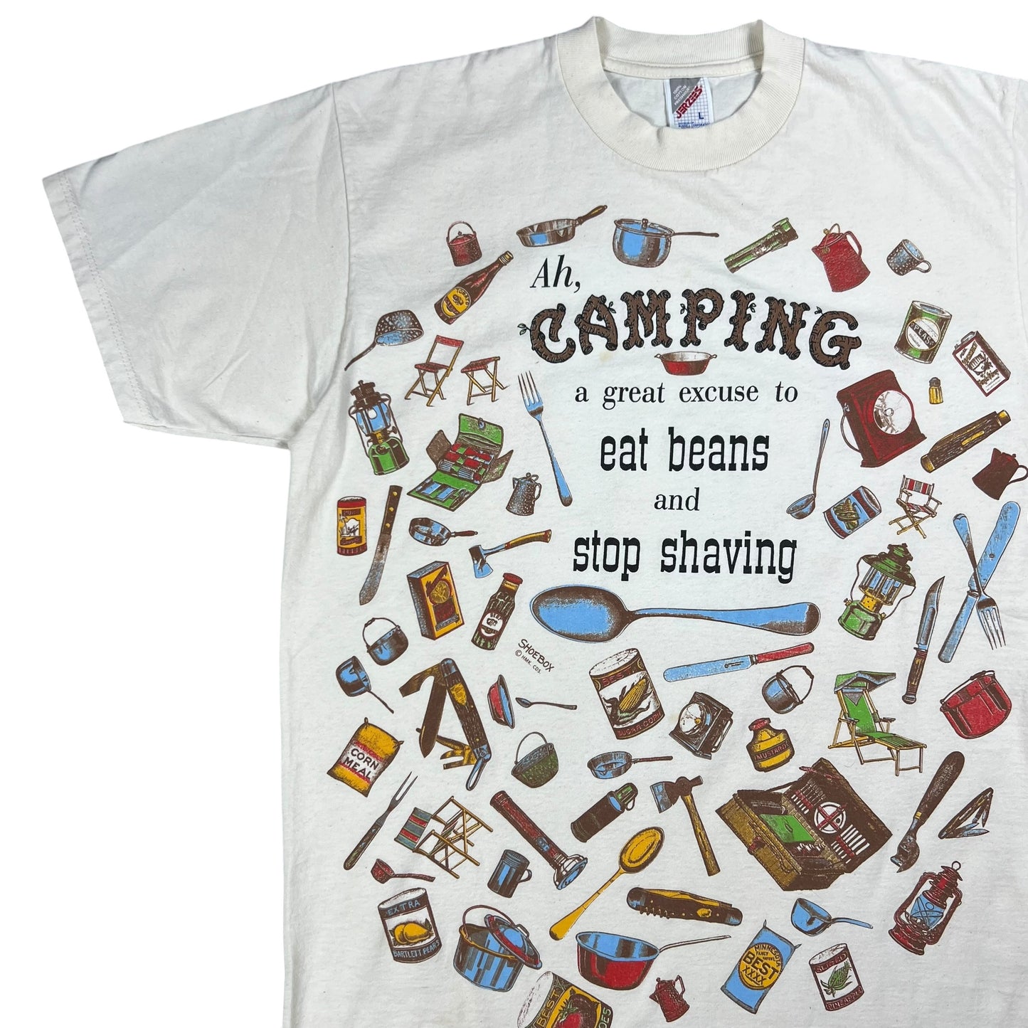Vintage 90s Ah, Camping A Great excuse to eat beans and stop shaving all over print tee (L)