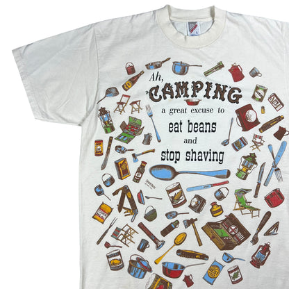 Vintage 90s Ah, Camping A Great excuse to eat beans and stop shaving all over print tee (L)