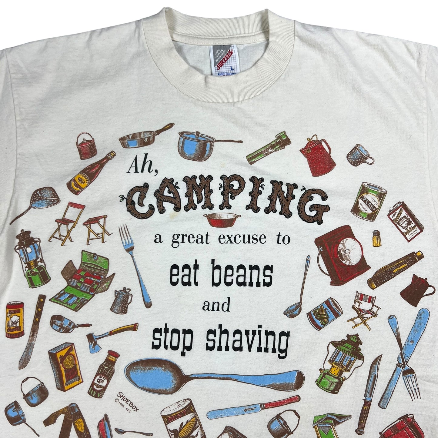 Vintage 90s Ah, Camping A Great excuse to eat beans and stop shaving all over print tee (L)
