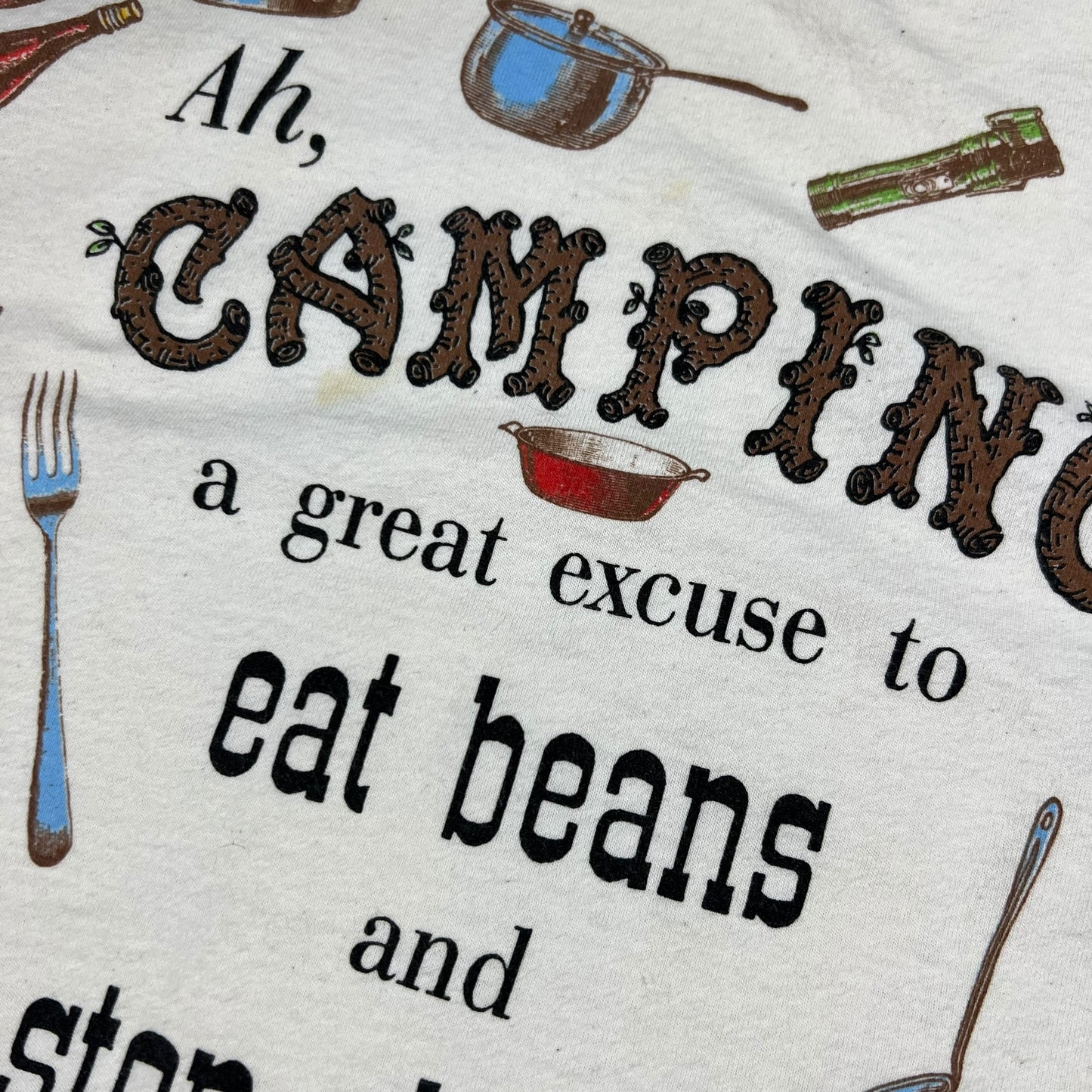 Vintage 90s Ah, Camping A Great excuse to eat beans and stop shaving all over print tee (L)