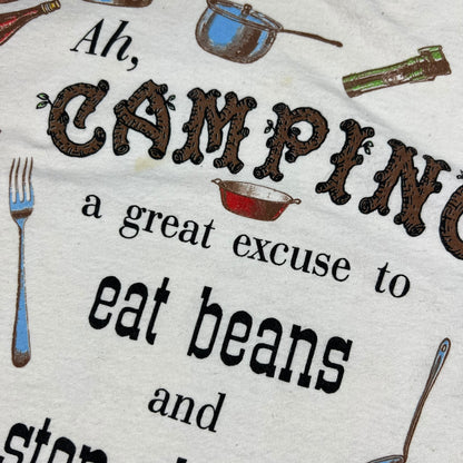 Vintage 90s Ah, Camping A Great excuse to eat beans and stop shaving all over print tee (L)