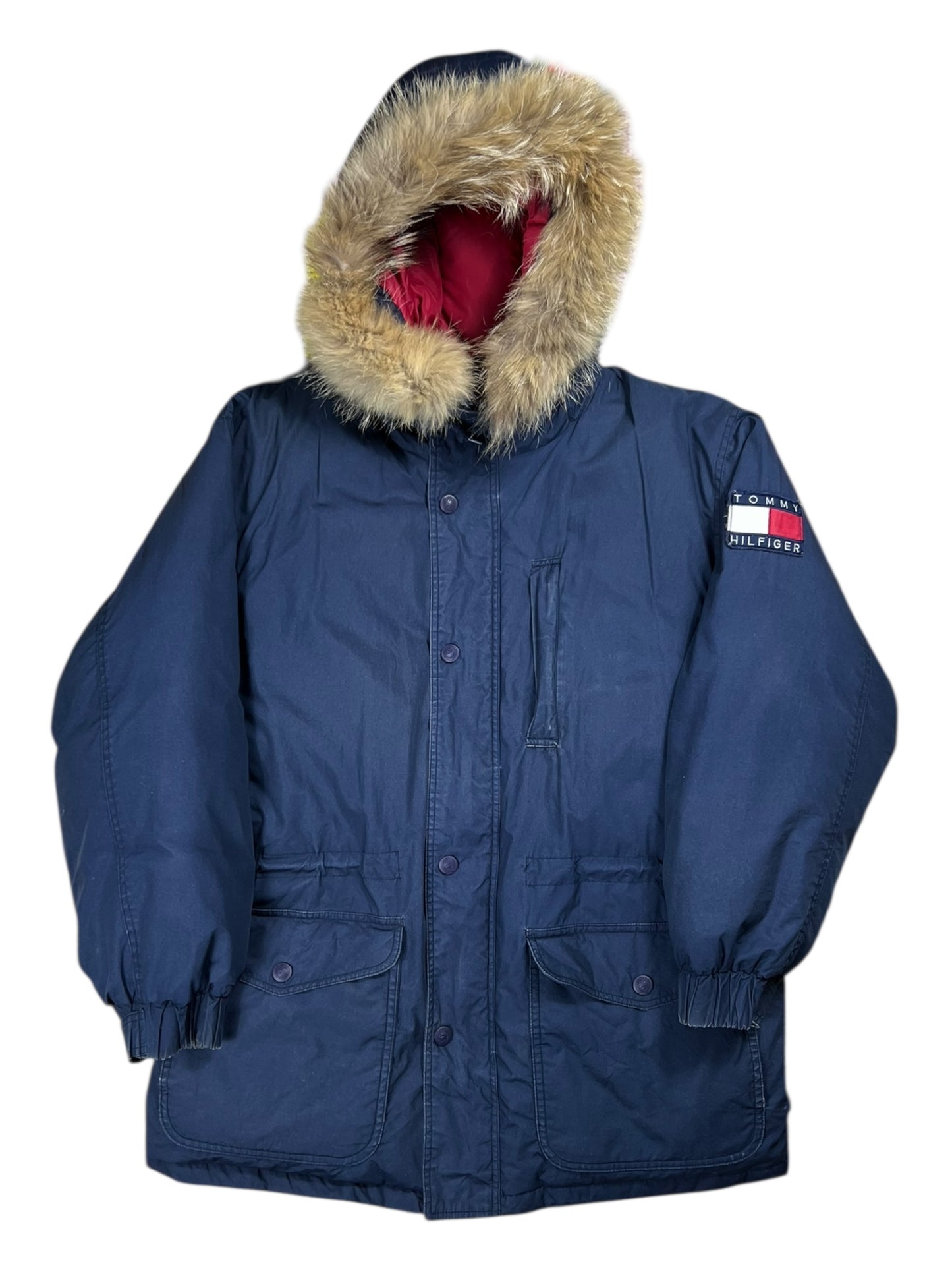 Vintage 90s Tommy Hilfiger fur hood mini patch jacket (M)
