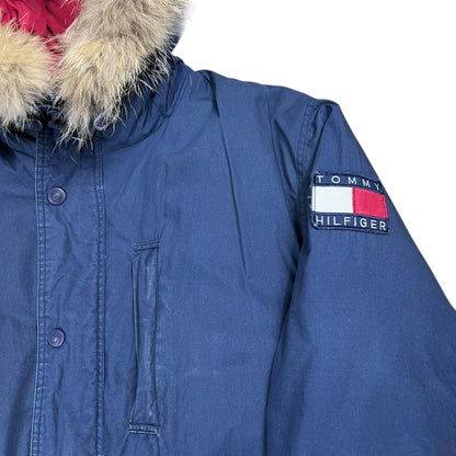 Vintage 90s Tommy Hilfiger fur hood mini patch jacket (M)