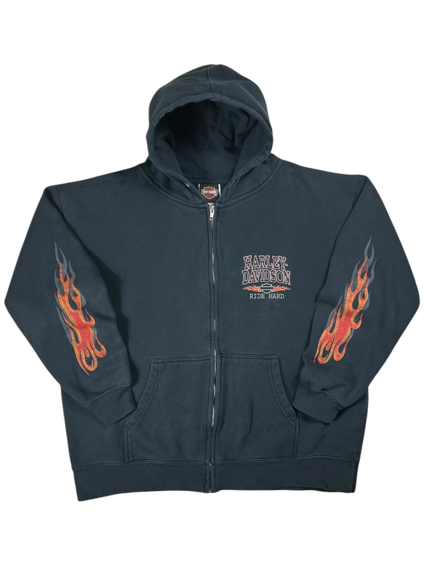 Vintage 2005 Harley Davidson Motorcycles flames sleeve print zip up hoodie (L)
