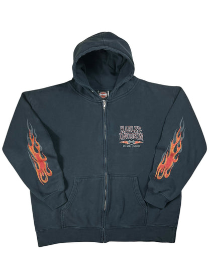 Vintage 2005 Harley Davidson Motorcycles flames sleeve print zip up hoodie (L)