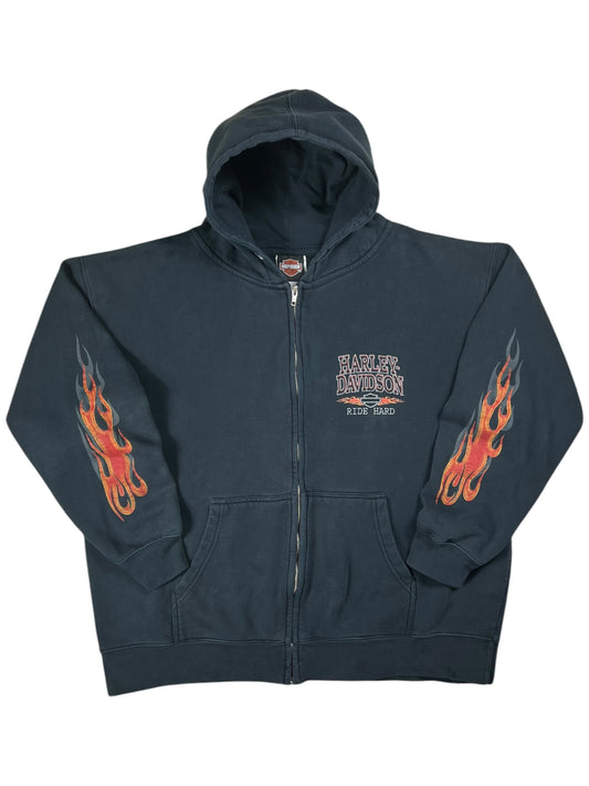 Vintage 2005 Harley Davidson Motorcycles flames sleeve print zip up hoodie (L)
