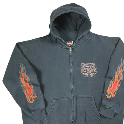 Vintage 2005 Harley Davidson Motorcycles flames sleeve print zip up hoodie (L)