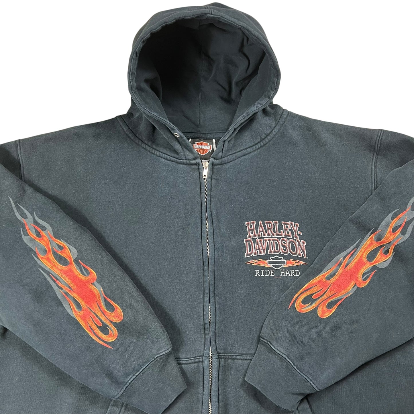 Vintage 2005 Harley Davidson Motorcycles flames sleeve print zip up hoodie (L)