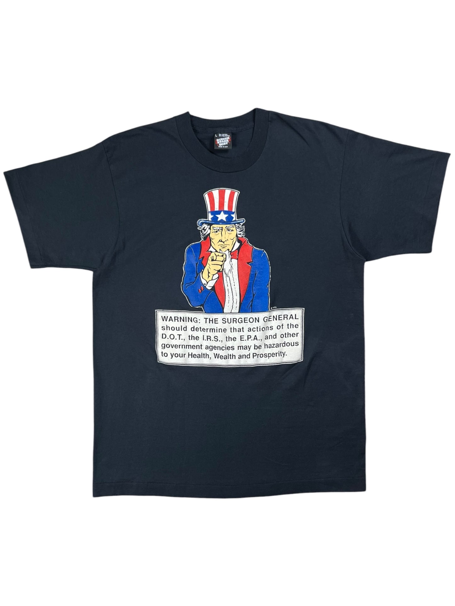 Vintage 1992 Uncle Sam Government Agencies May Be Hazardous to your health, wealth & prosperity anti government tee (L)
