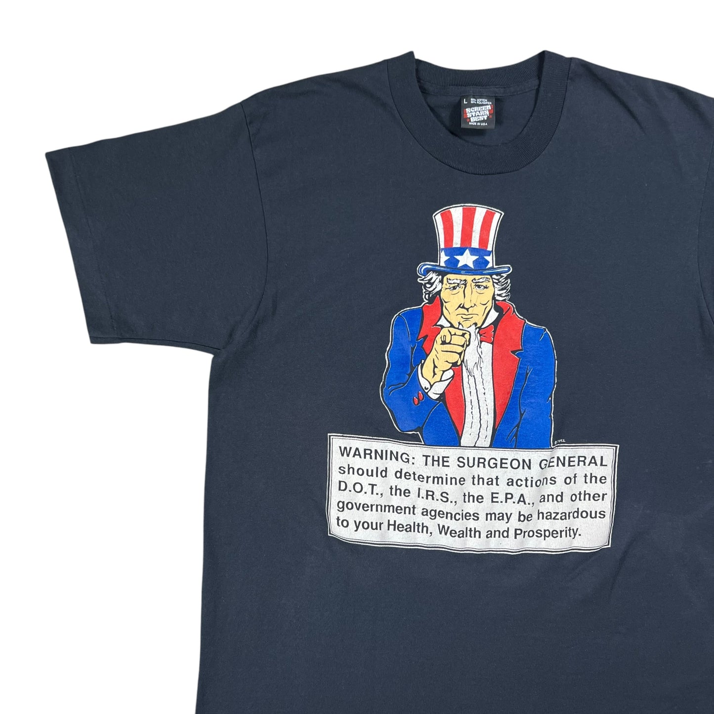 Vintage 1992 Uncle Sam Government Agencies May Be Hazardous to your health, wealth & prosperity anti government tee (L)