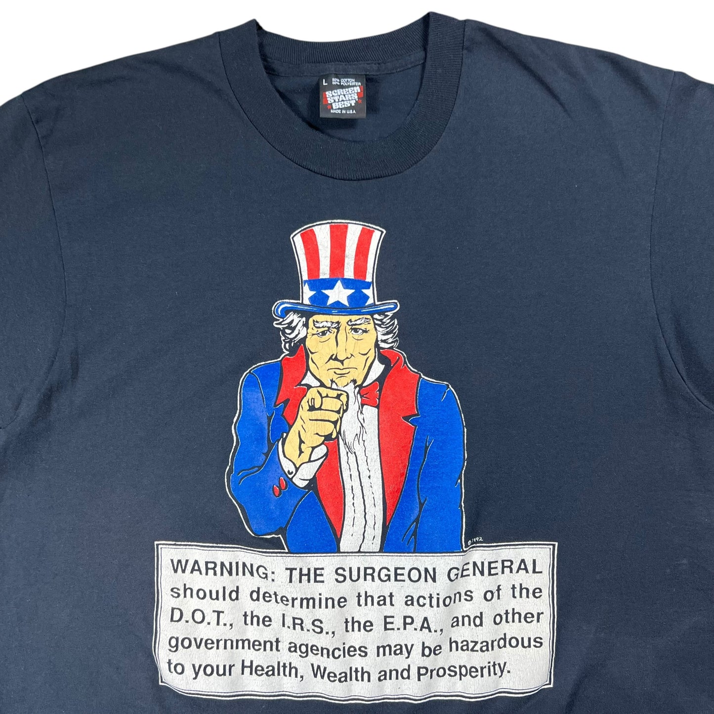 Vintage 1992 Uncle Sam Government Agencies May Be Hazardous to your health, wealth & prosperity anti government tee (L)