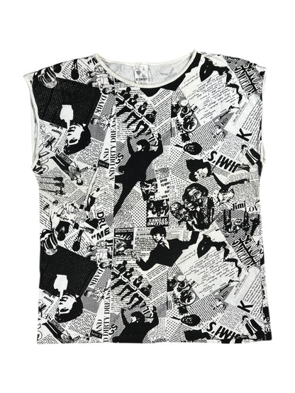 Vintage 80s Punk Anarchy British Invasion Rolling Stones Sex Pistols Beatles Jimi Hendrix Led Zeppelin news paper all over print band tank top shirt (L)