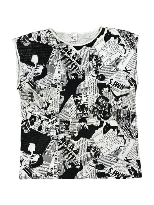 Vintage 80s Punk Anarchy British Invasion Rolling Stones Sex Pistols Beatles Jimi Hendrix Led Zeppelin news paper all over print band tank top shirt (L)