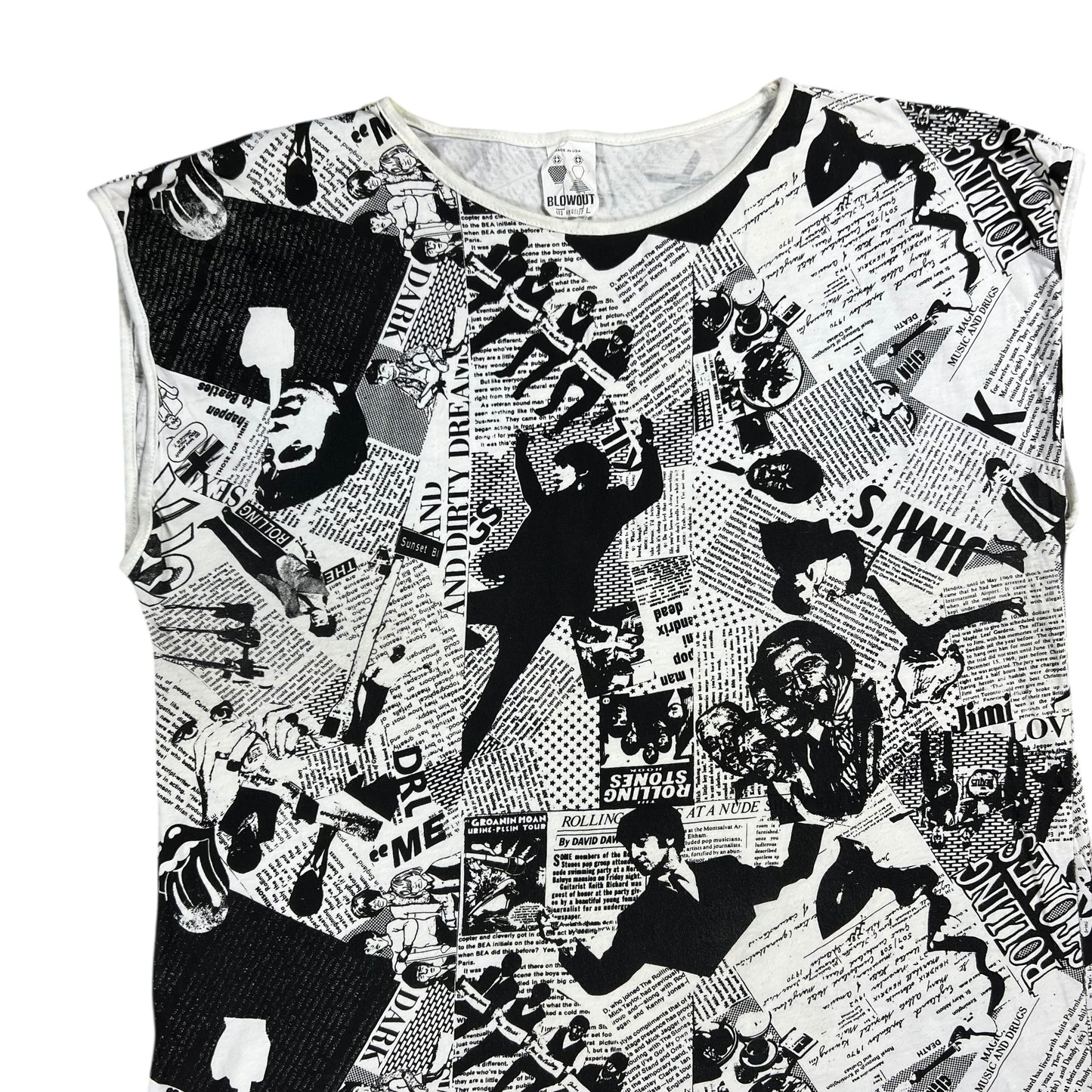 Vintage 80s Punk Anarchy British Invasion Rolling Stones Sex Pistols Beatles Jimi Hendrix Led Zeppelin news paper all over print band tank top shirt (L)
