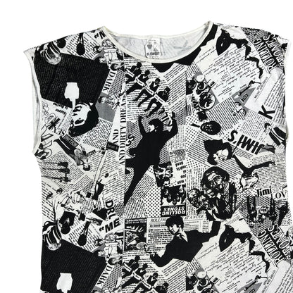 Vintage 80s Punk Anarchy British Invasion Rolling Stones Sex Pistols Beatles Jimi Hendrix Led Zeppelin news paper all over print band tank top shirt (L)