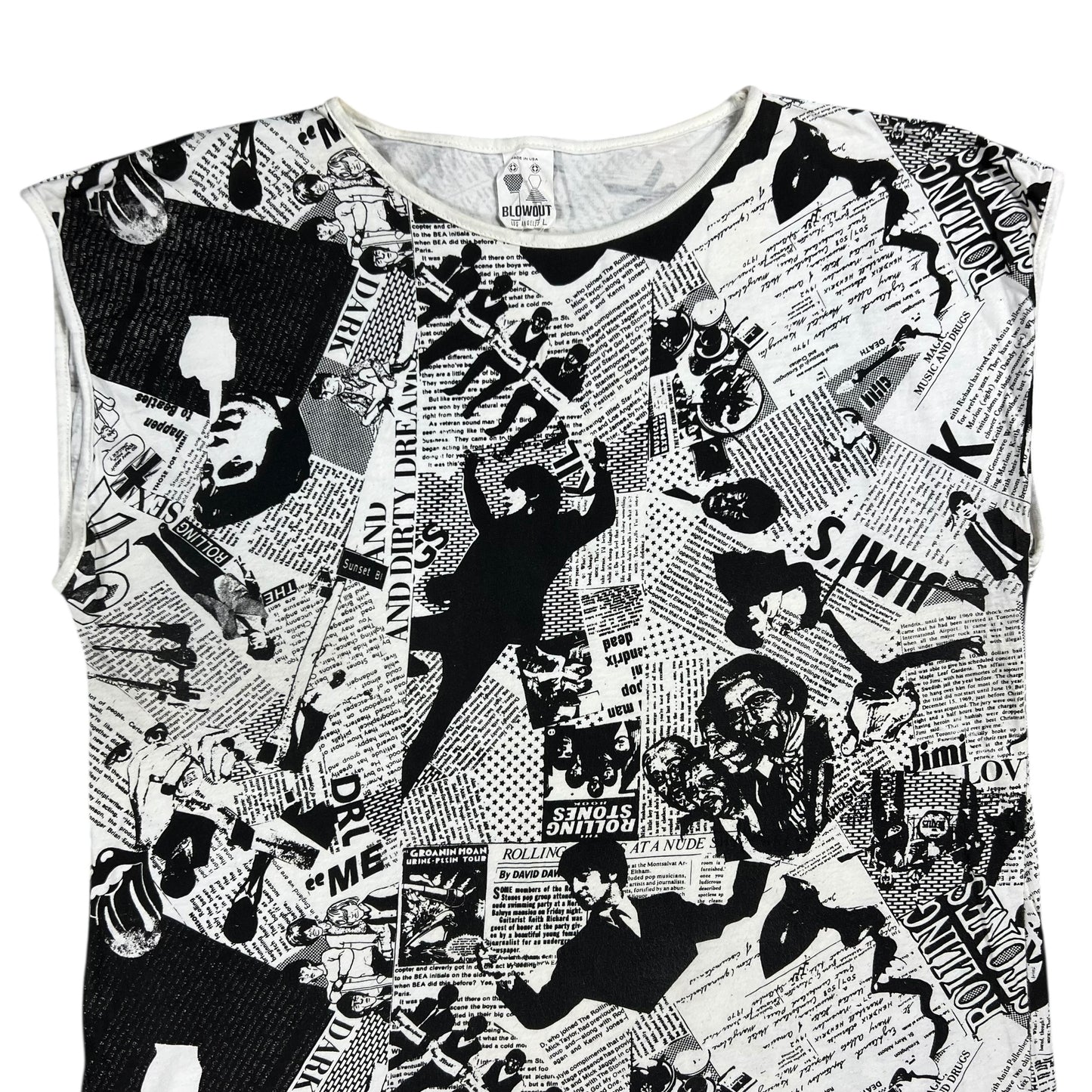 Vintage 80s Punk Anarchy British Invasion Rolling Stones Sex Pistols Beatles Jimi Hendrix Led Zeppelin news paper all over print band tank top shirt (L)
