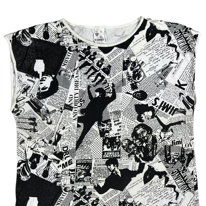 Vintage 80s Punk Anarchy British Invasion Rolling Stones Sex Pistols Beatles Jimi Hendrix Led Zeppelin news paper all over print band tank top shirt (L)