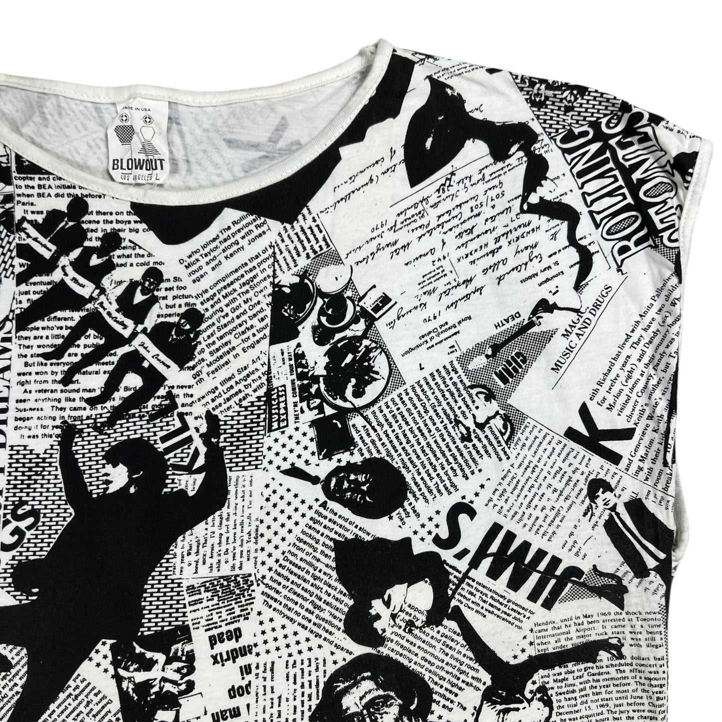 Vintage 80s Punk Anarchy British Invasion Rolling Stones Sex Pistols Beatles Jimi Hendrix Led Zeppelin news paper all over print band tank top shirt (L)