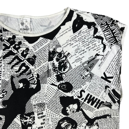 Vintage 80s Punk Anarchy British Invasion Rolling Stones Sex Pistols Beatles Jimi Hendrix Led Zeppelin news paper all over print band tank top shirt (L)